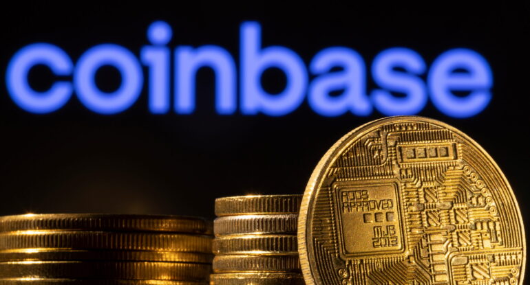 Illustration shows a representation of the cryptocurrency and Coinbase logo A representation of the cryptocurrency is seen in front of Coinbase logo in this illustration taken, March 4, 2022. REUTERS/Dado Ruvic/Illustration